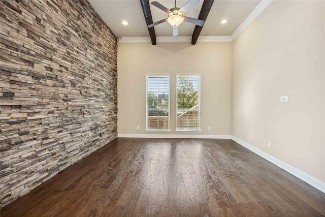 25034 Jennifer Heights Ct, Spring, TX 77389 - spare room with ceiling fan, baseboards, beamed ceiling, recessed lighting, and dark wood-type flooring