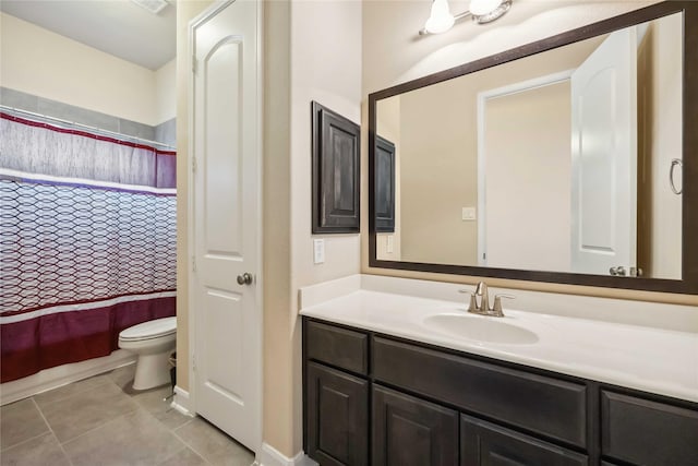 25034 Jennifer Heights Ct, Spring, TX 77389 - full bathroom featuring toilet, tile patterned floors, a shower with shower curtain, and vanity