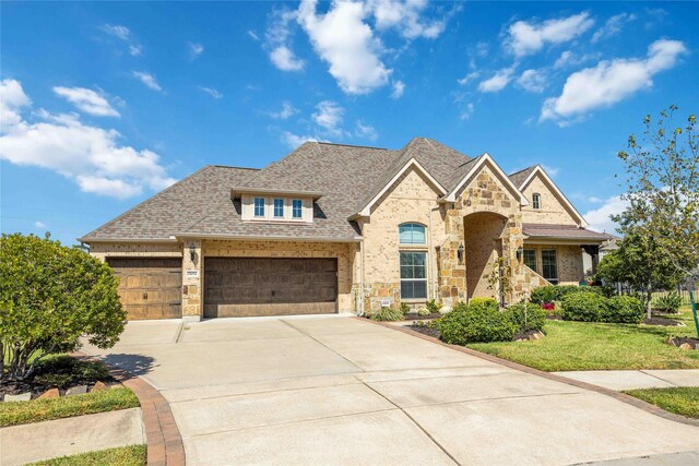 25034 Jennifer Heights Ct, Spring, TX 77389 - view of front of home with driveway, a garage, a front lawn, a shingled roof, and stone siding