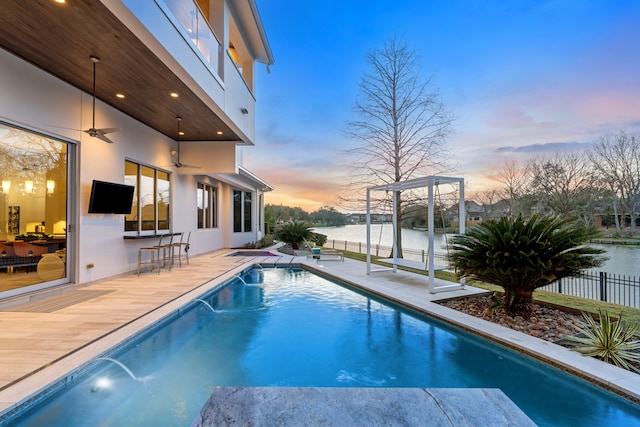 15618 Oyster Cove Dr, Sugar Land, TX 77478 - view of swimming pool with a water view and a ceiling fan
