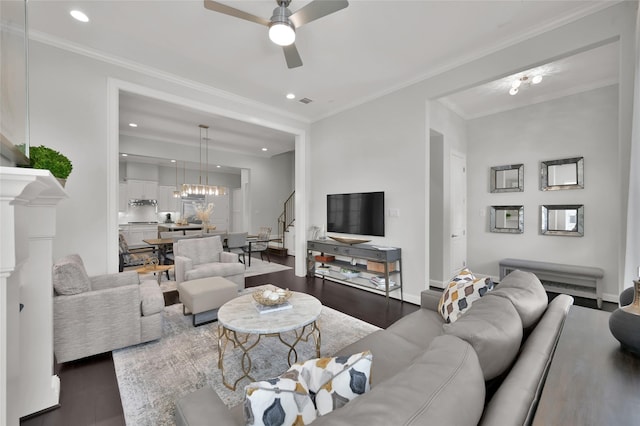 258 Green Blvd, Shenandoah, TX 77384 - living area featuring baseboards, ceiling fan with notable chandelier, recessed lighting, and wood finished floors