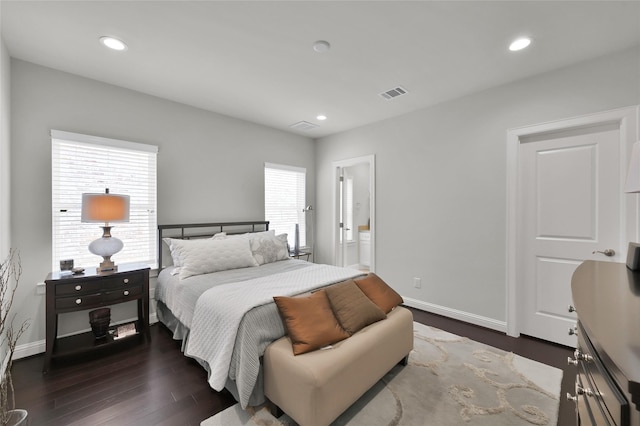 258 Green Blvd, Shenandoah, TX 77384 - bedroom with baseboards, dark wood-type flooring, recessed lighting, and visible vents