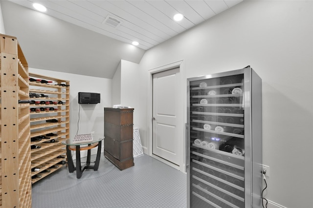 258 Green Blvd, Shenandoah, TX 77384 - wine area with wine cooler, visible vents, recessed lighting, and lofted ceiling