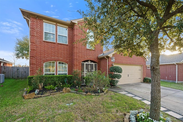 traditional-style home featuring a garage, brick siding, fence, a front lawn, and concrete driveway