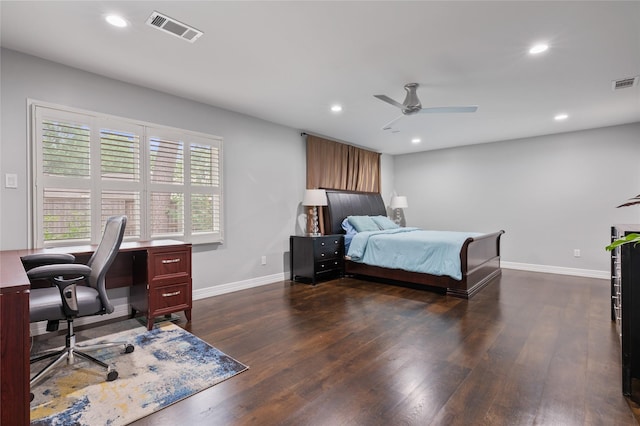bedroom with recessed lighting, baseboards, visible vents, and dark wood-type flooring