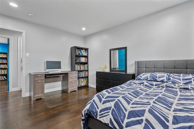 bedroom with recessed lighting, baseboards, and dark wood finished floors