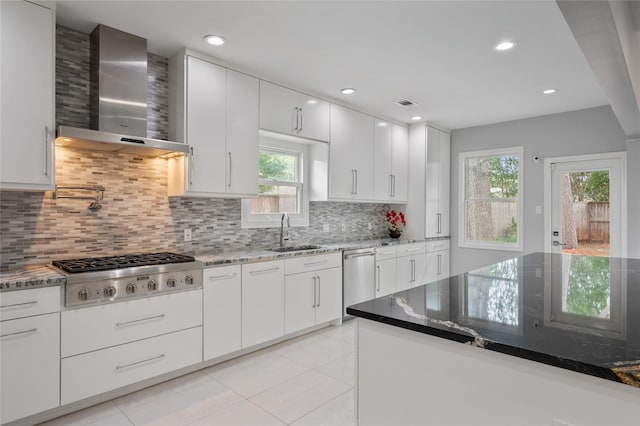 kitchen featuring a sink, appliances with stainless steel finishes, plenty of natural light, and wall chimney exhaust hood