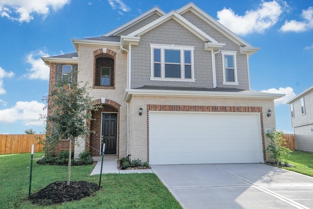 view of front of home with a garage, fence, stone siding, a front yard, and driveway