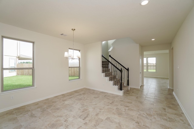 unfurnished room featuring visible vents, stairway, baseboards, a chandelier, and recessed lighting