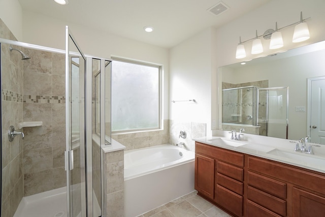 full bath featuring visible vents, a sink, a bath, and a stall shower