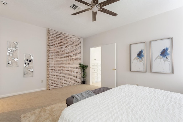 bedroom with carpet floors, baseboards, a ceiling fan, and visible vents