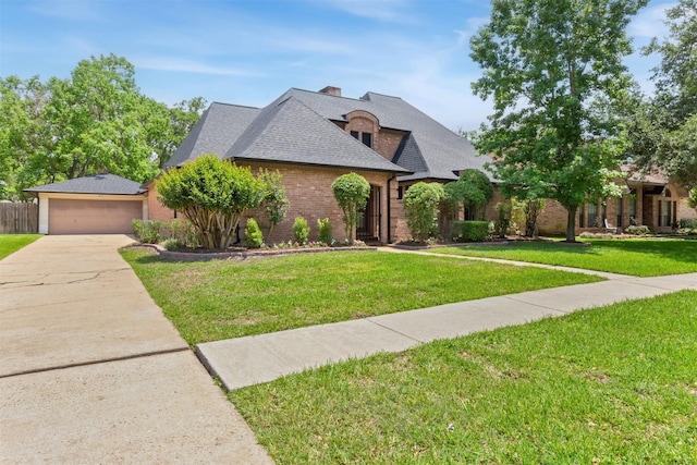 french country inspired facade featuring roof with shingles, a front lawn, brick siding, a garage, and driveway