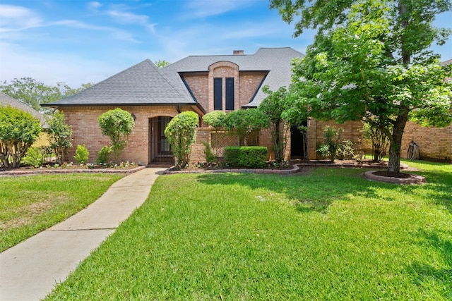 french country inspired facade featuring roof with shingles, a front lawn, and brick siding