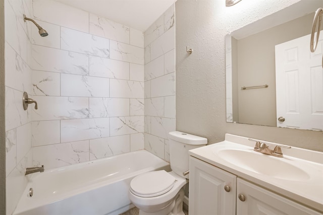 full bath with vanity, a textured wall, toilet, and shower / tub combination