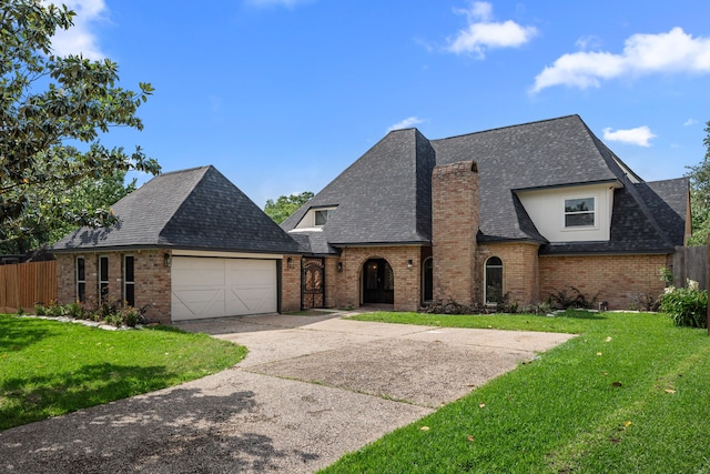 tudor house with fence, a front yard, brick siding, concrete driveway, and an attached garage