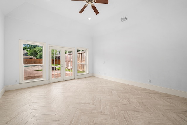 spare room with visible vents, baseboards, recessed lighting, french doors, and a ceiling fan