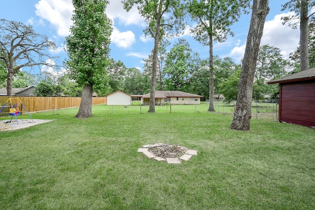 view of yard with a fenced backyard and an outdoor fire pit
