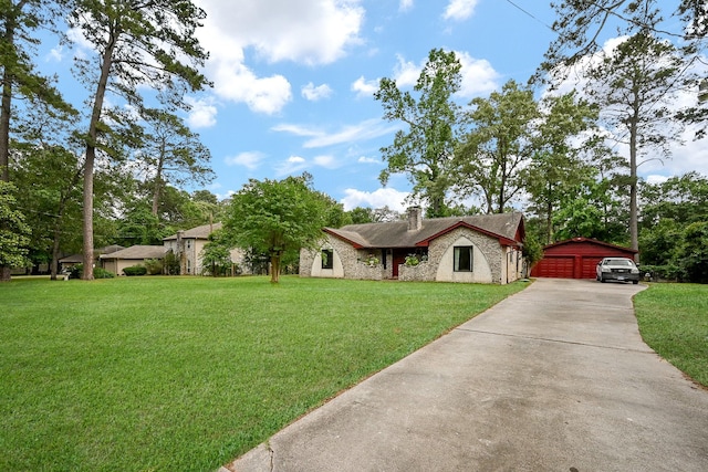 ranch-style house with a detached garage, a chimney, stone siding, and a front lawn