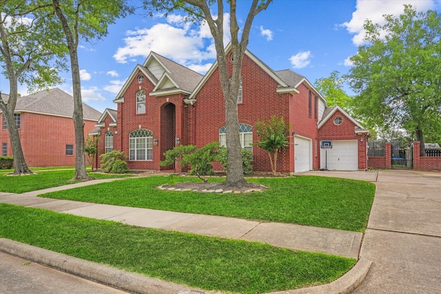 traditional home featuring brick siding, a front lawn, fence, and concrete driveway