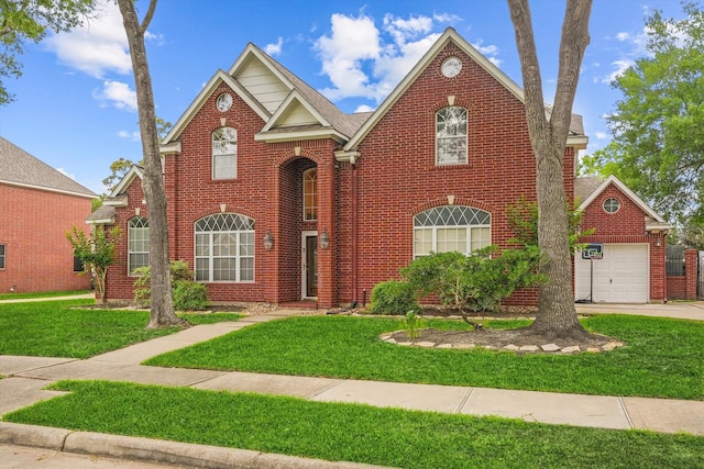 traditional-style home featuring brick siding, a garage, driveway, and a front lawn