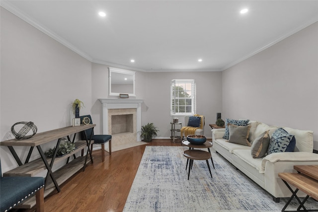 living area featuring wood finished floors, baseboards, ornamental molding, recessed lighting, and a premium fireplace