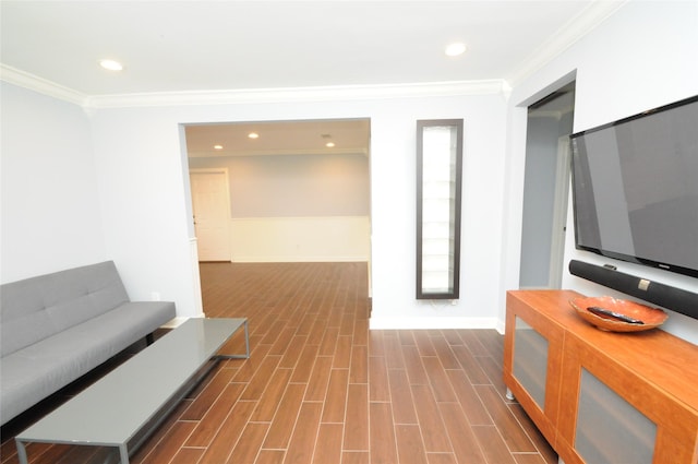 1246 W 21st St, Houston, TX 77008 - living area with baseboards, crown molding, recessed lighting, and dark wood-style flooring