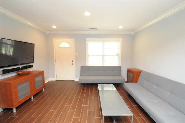 1246 W 21st St, Houston, TX 77008 - living area with baseboards, recessed lighting, crown molding, and dark wood-style floors