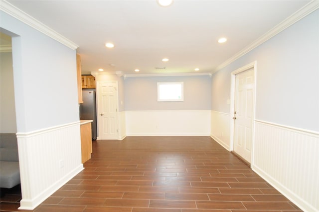 1246 W 21st St, Houston, TX 77008 - empty room with a wainscoted wall, crown molding, recessed lighting, and dark wood-style floors