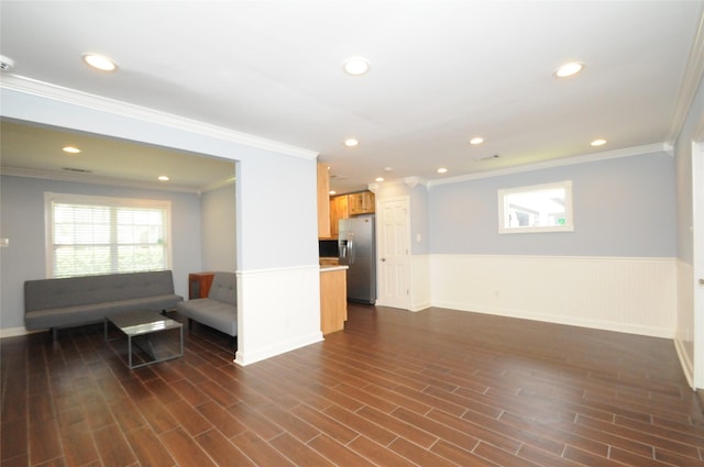 1246 W 21st St, Houston, TX 77008 - living room with wainscoting, ornamental molding, dark wood-style flooring, recessed lighting, and baseboards