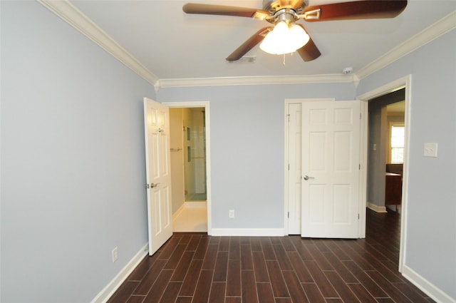 1246 W 21st St, Houston, TX 77008 - unfurnished bedroom featuring baseboards, ornamental molding, wood finished floors, a ceiling fan, and ensuite bathroom