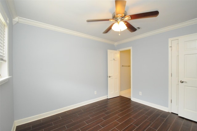 1246 W 21st St, Houston, TX 77008 - unfurnished bedroom with baseboards, ornamental molding, dark wood-style floors, and ceiling fan