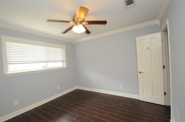1246 W 21st St, Houston, TX 77008 - spare room with crown molding, ceiling fan, baseboards, and dark wood-style floors