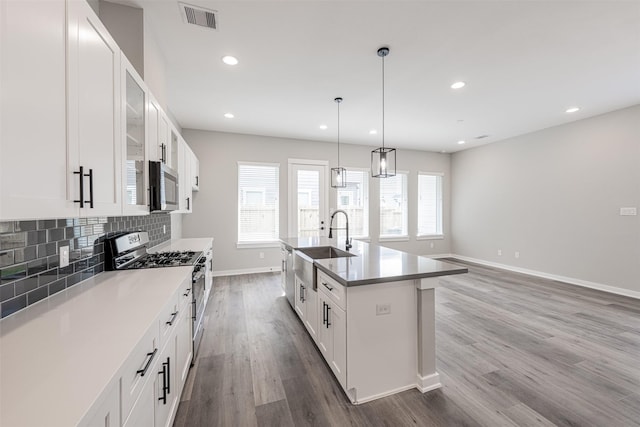 kitchen with visible vents, wood finished floors, baseboards, a sink, and stainless steel appliances