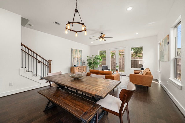 dining space with ceiling fan, dark wood finished floors, french doors, baseboards, and visible vents
