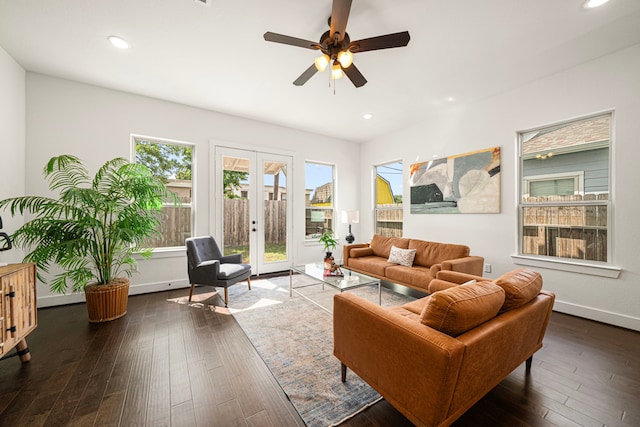 living room featuring ceiling fan, french doors, dark wood-style flooring, baseboards, and recessed lighting
