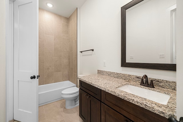 bathroom with tile patterned flooring, vanity, toilet, recessed lighting, and tub / shower combination