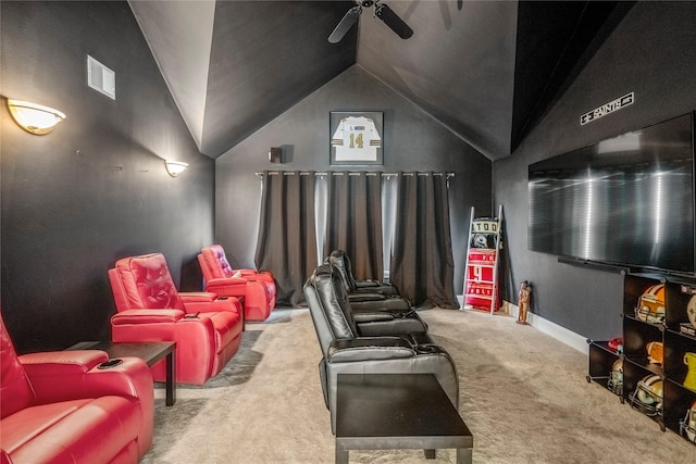 16122 Wimbledon Forest Dr, Spring, TX 77379 - cinema featuring carpet flooring, lofted ceiling, ceiling fan, and baseboards