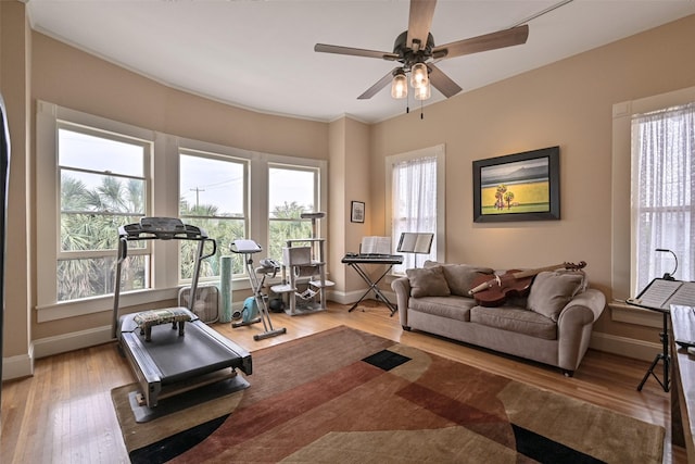 exercise room featuring baseboards, ceiling fan, and wood finished floors