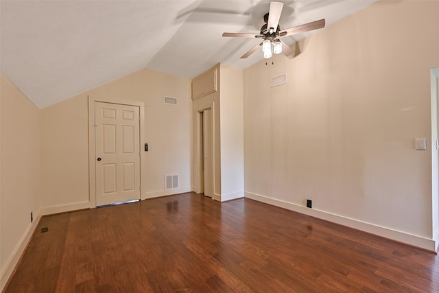 bonus room with visible vents, a ceiling fan, dark wood-style flooring, and lofted ceiling