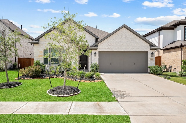 french provincial home with driveway, brick siding, fence, a front lawn, and an attached garage