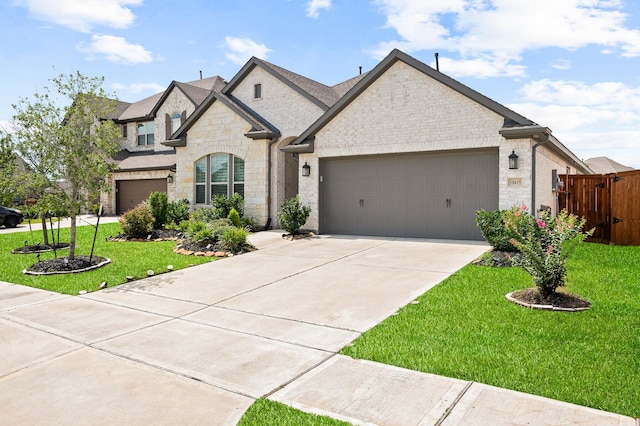 french country style house featuring fence, stone siding, a garage, a front yard, and driveway