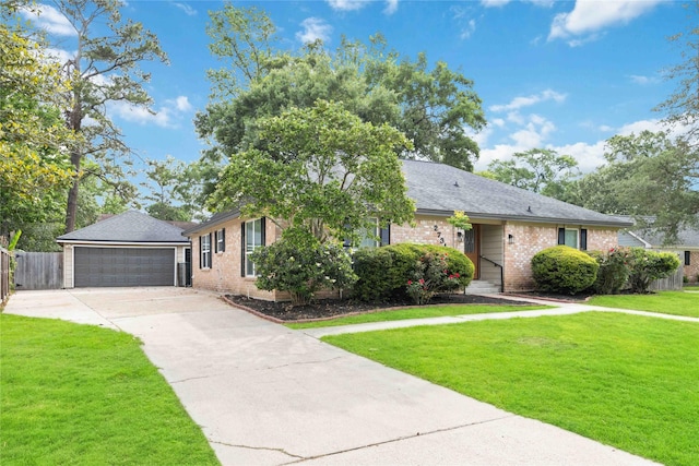 ranch-style home featuring fence, a front lawn, brick siding, a garage, and driveway