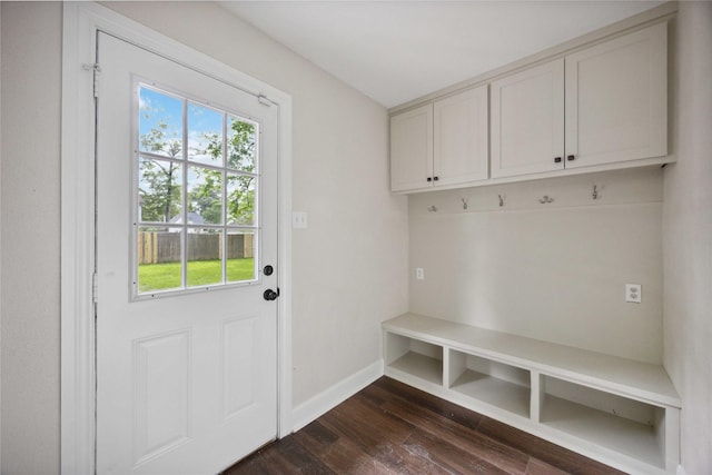 mudroom featuring baseboards and dark wood-type flooring