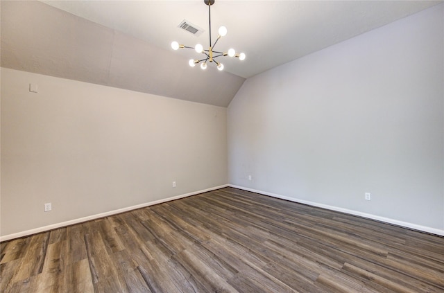 7206 Fountain Mdw, Katy, TX 77494 - bonus room featuring visible vents, baseboards, lofted ceiling, an inviting chandelier, and dark wood-type flooring