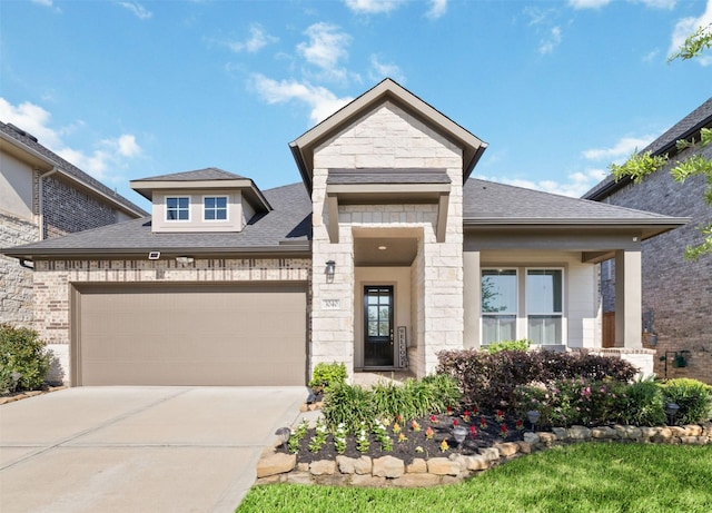 3040 Cirrus Heights Ct, Katy, TX 77493 - view of front facade with stone siding, concrete driveway, roof with shingles, and a garage