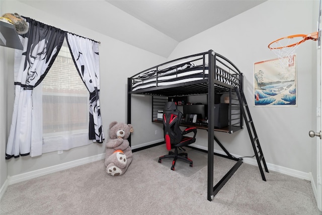 3040 Cirrus Heights Ct, Katy, TX 77493 - bedroom with carpet floors, baseboards, a desk, and vaulted ceiling