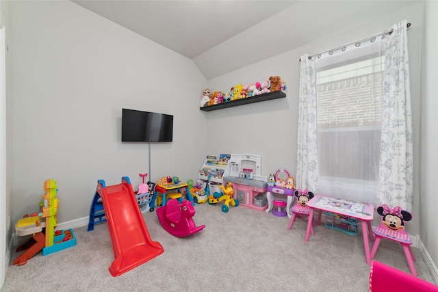 3040 Cirrus Heights Ct, Katy, TX 77493 - rec room featuring carpet flooring, lofted ceiling, and baseboards