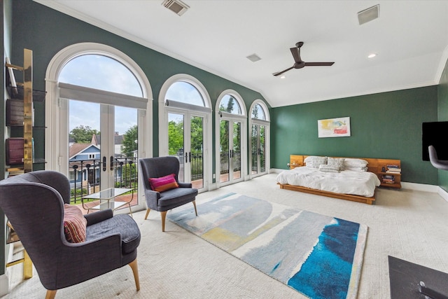 carpeted bedroom with multiple windows, access to exterior, french doors, visible vents, and ornamental molding