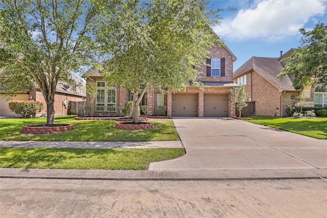 view of front of house featuring brick siding, a garage, a front lawn, and driveway