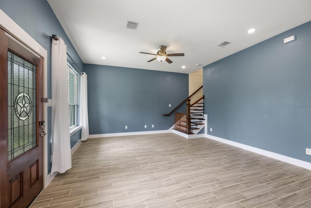 4610 Cashel Glen Dr, Houston, TX 77069 - entrance foyer with visible vents, a ceiling fan, stairs, and baseboards